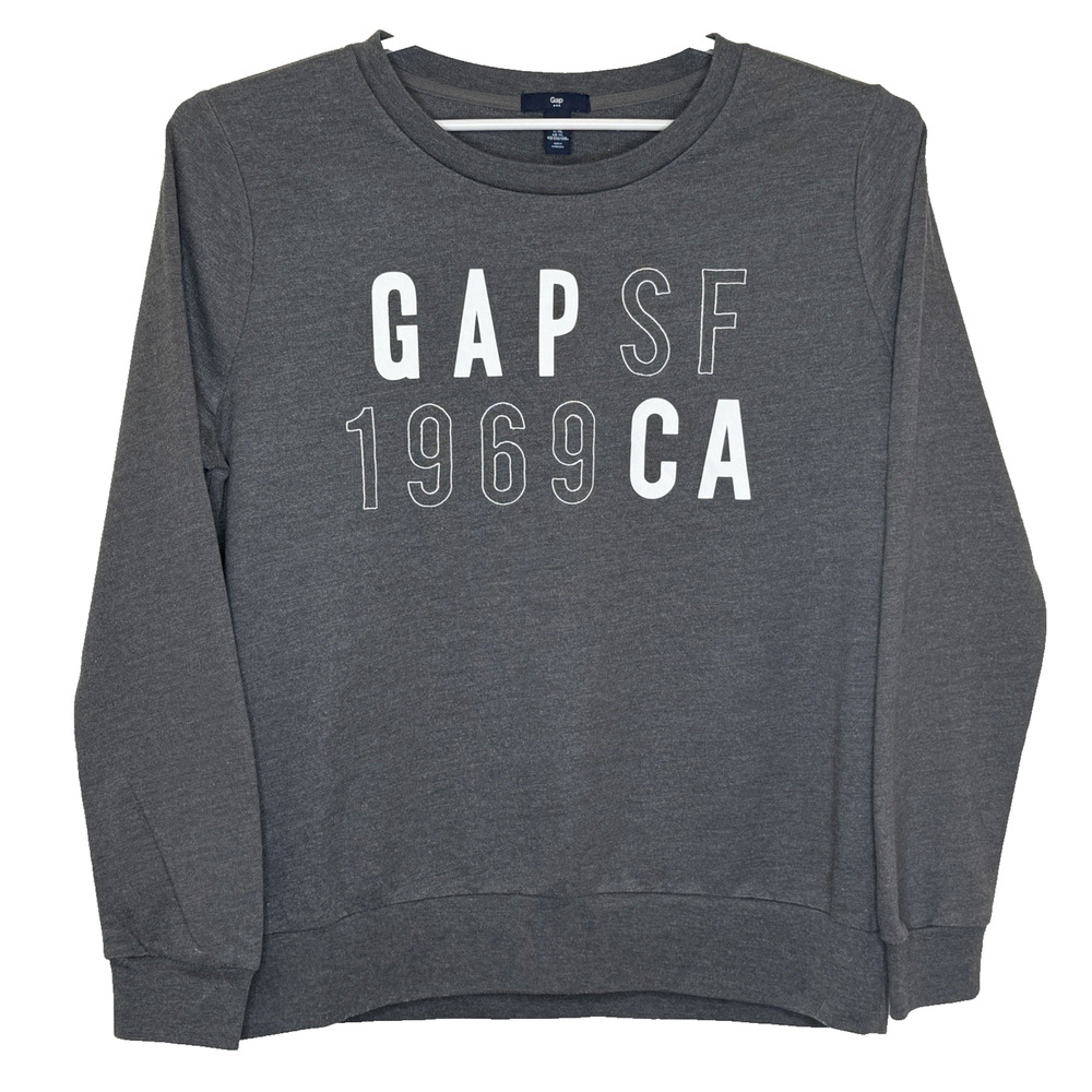 Gap Pullover‎ Sweatshirt Womens Sz XL Gray White Spellout Long Sleeve Round Neck
